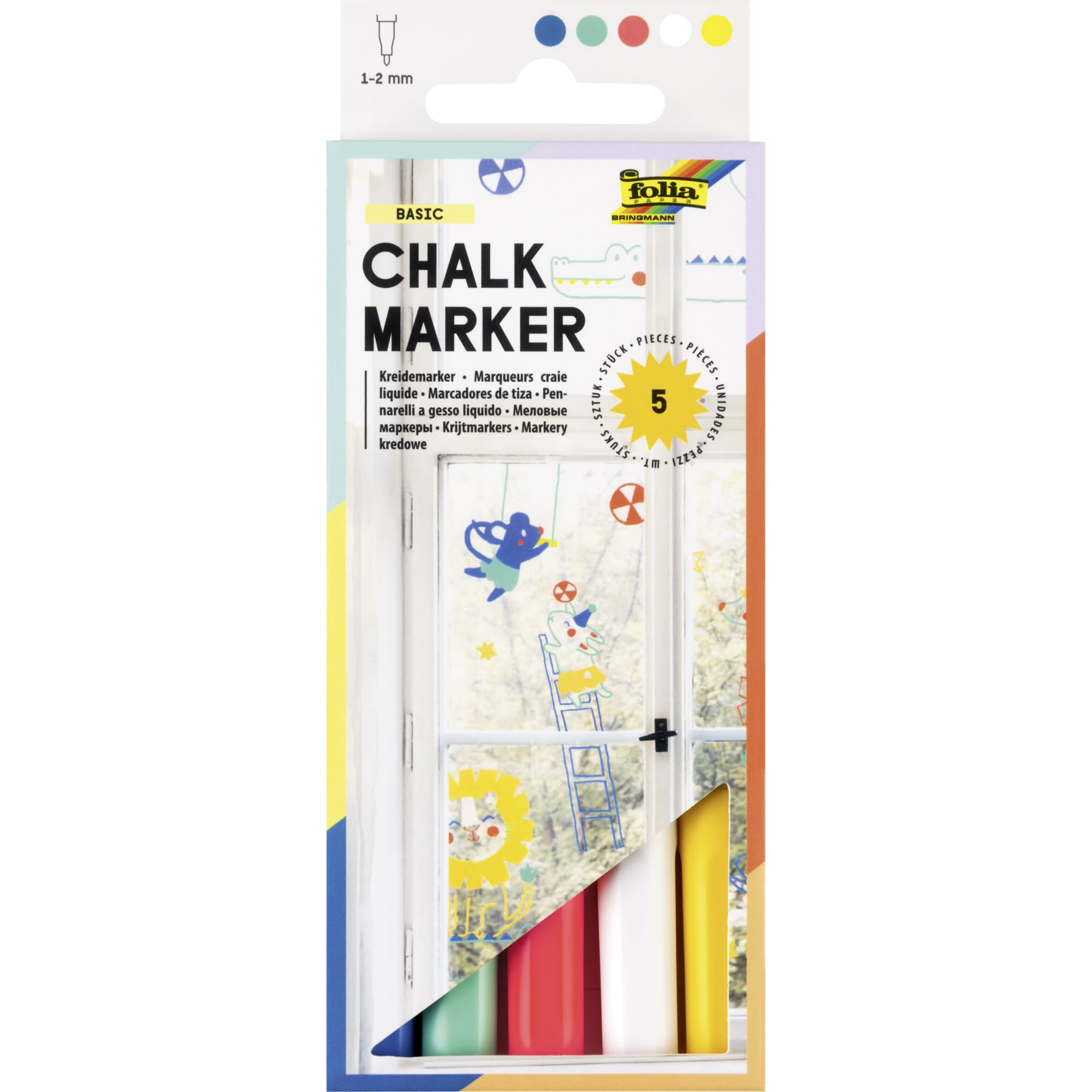 folia 390559 Chalk Marker Basic, Pack of 5 in 5 Bright Colours, Water-based Chalk Markers, Line Width 1-2 mm, Wipe Clean, Suitable for Glass, Tiles and Mirrors