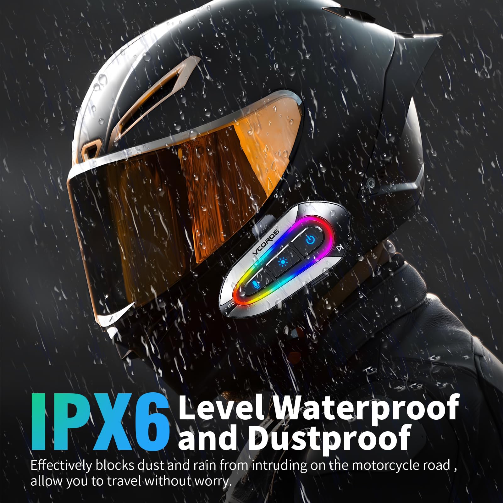VCOROS Auriculares Casco Moto,VR2 Manos Libres Moto Bluetooth,5.4 Bluetooth Cancelación de Ruido DSP&CVC,Iluminación RGB,IPX6 Impermeable,Respuesta AutomáticaCompatible con Todos Los Cascos 1000mAH