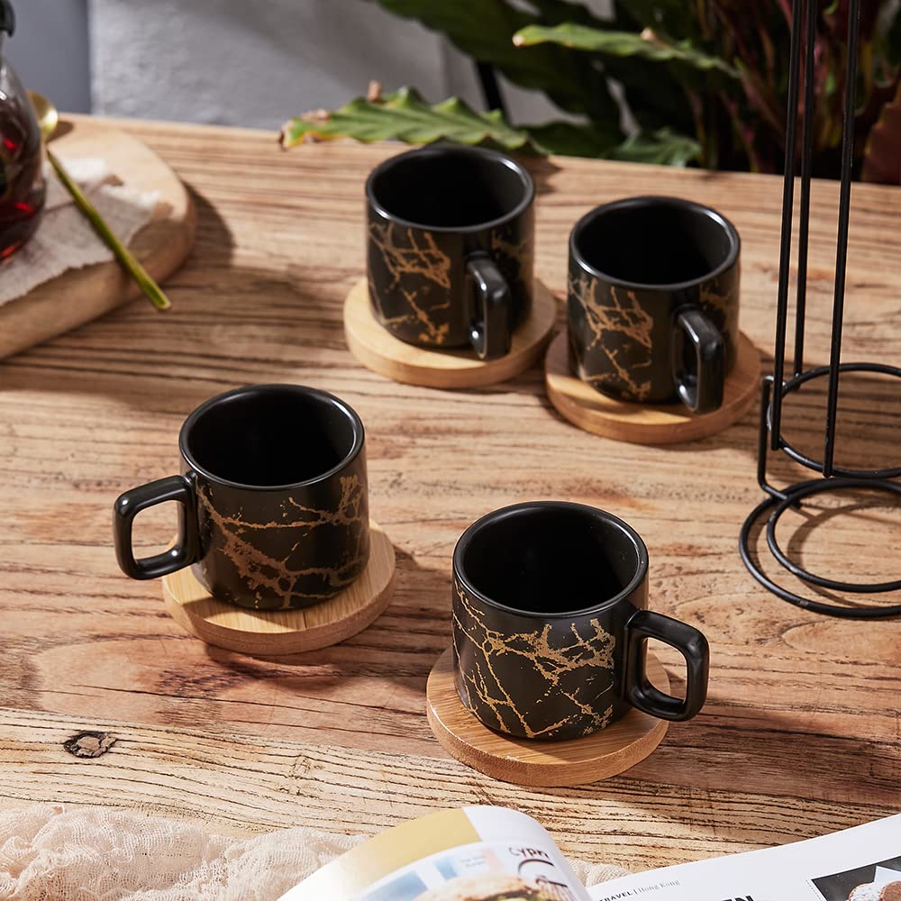 Porseleinen espressokop met schotel en metalen standaard, LUKA 4 oz stapelbare keramische Demitasse Espresso mokken kopjes set voor latte, koffie, café mokka, thee (set van 4