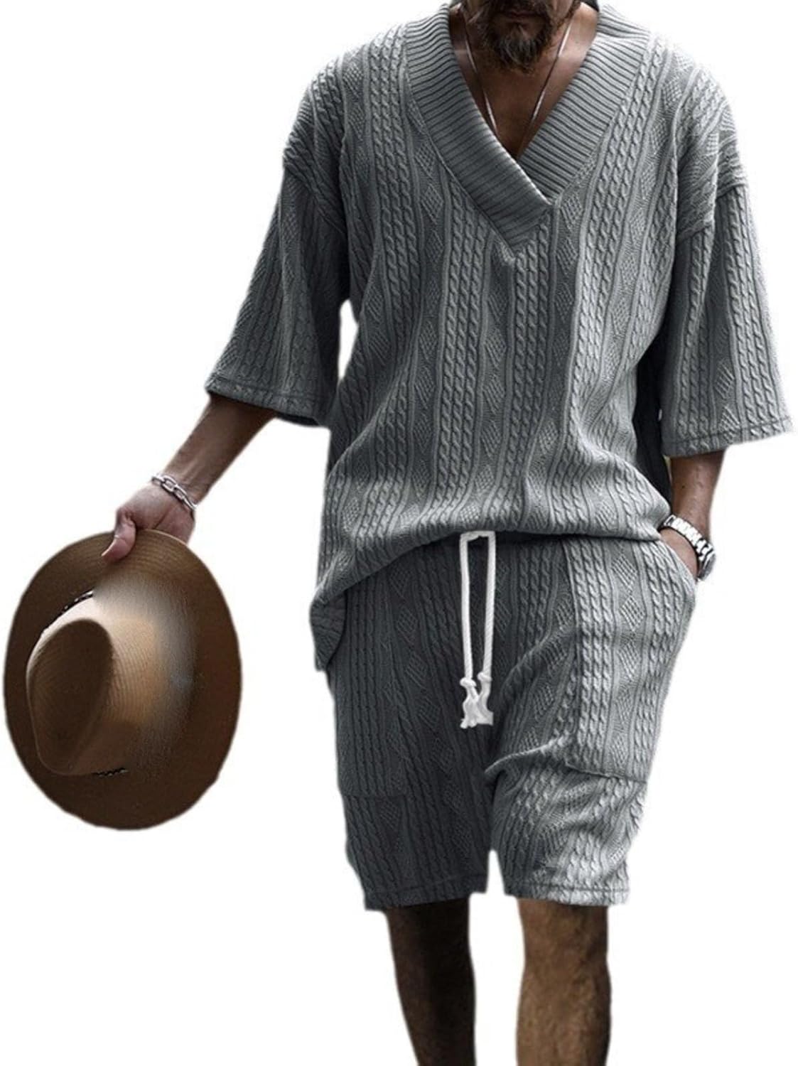 Men's Casual Track Suits 2 Piece Sets Summer V-Neck Short Sleeve T-Shirt and Shorts