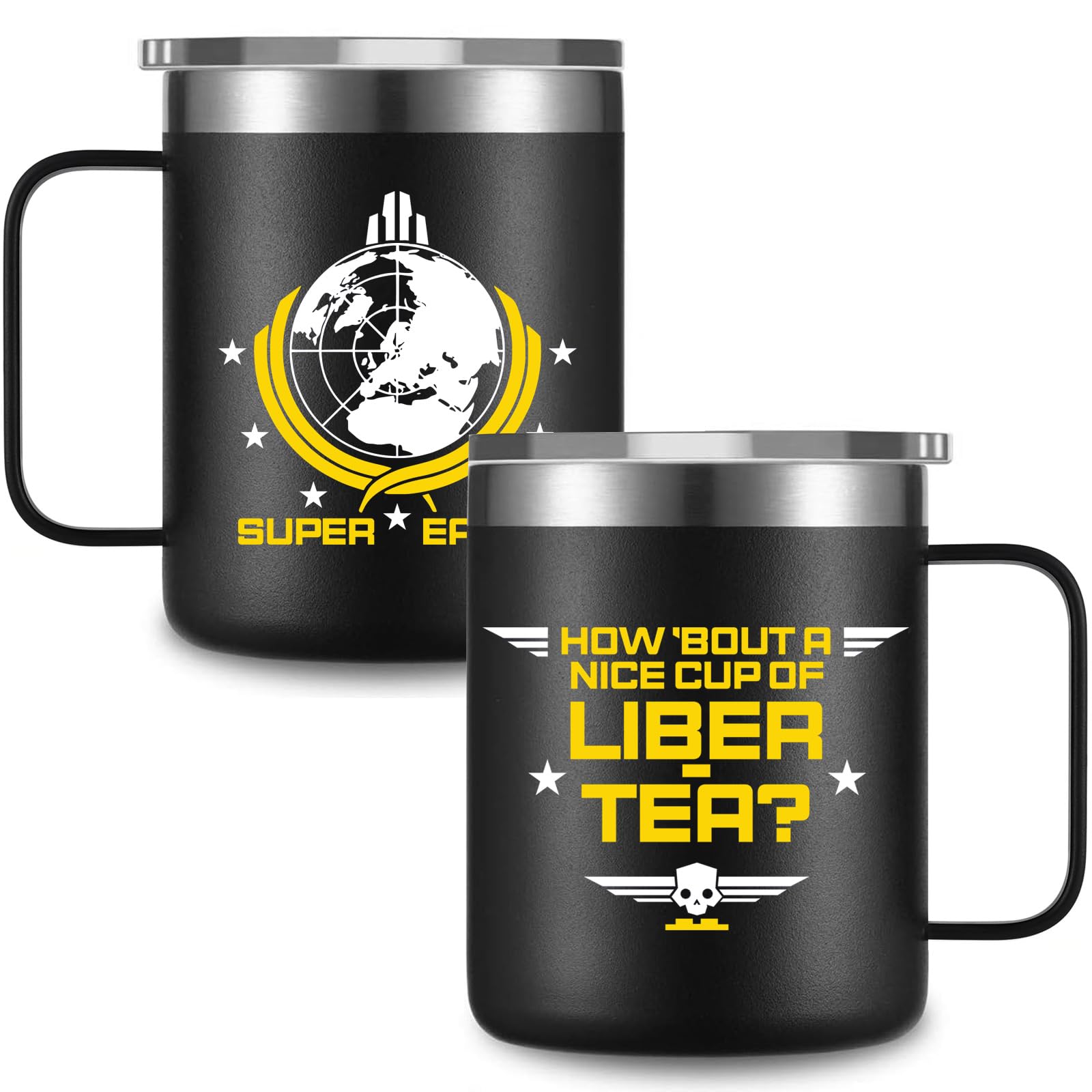 DANTY DANTY Novelty Funny Liber-tea Coffee Mug, Gamer Mug For Helldivers 2 | Stainless Steel Insulated Coffee Mug with Handle, with Sliding Lid, Gamers Gifts For Men