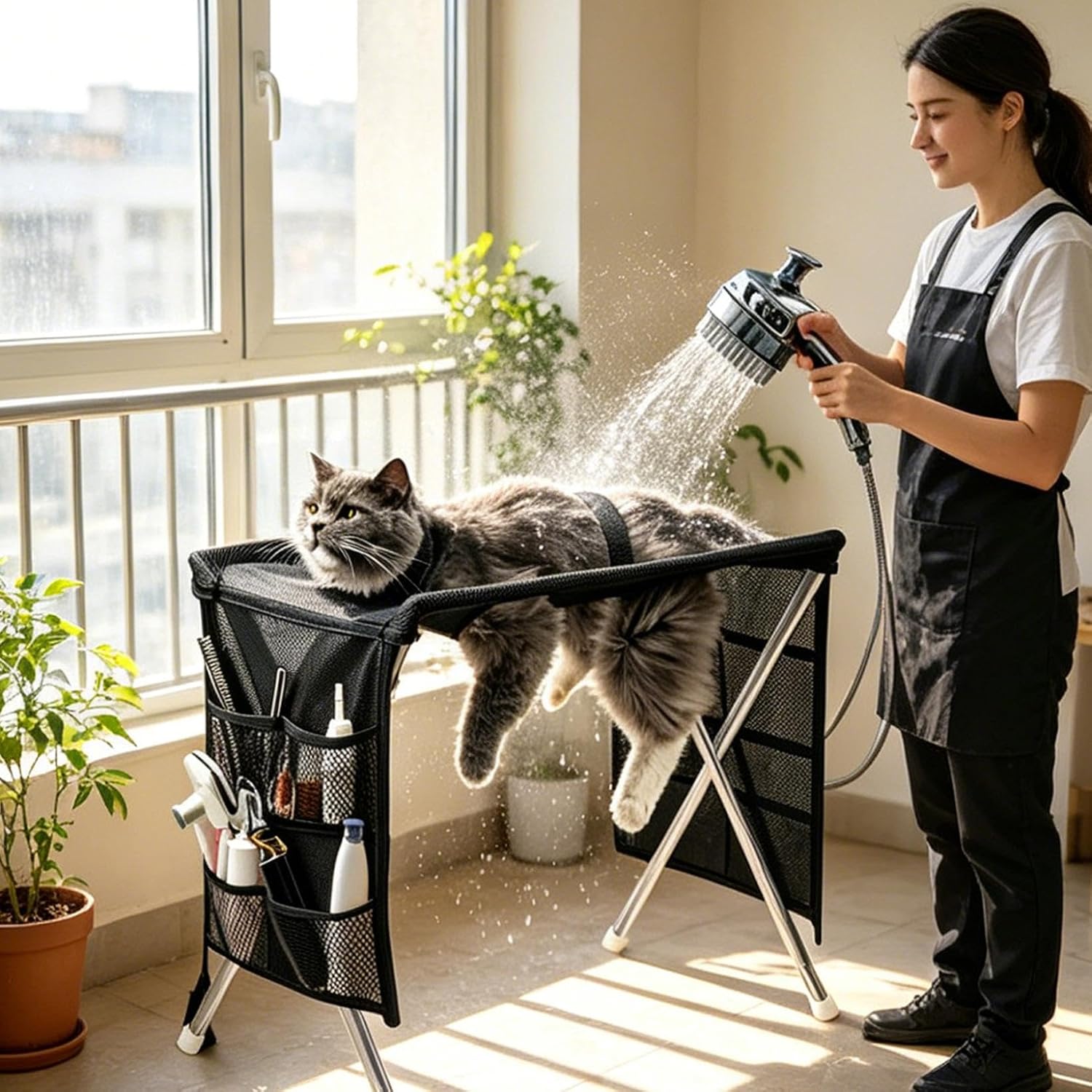 Foldable Pet Grooming Hammock Stand with Fixed Straps, Elevated Dog Cat Bathing Table Rack, Portable Pet Restraint Holder for Nail Trimming Hair Cutting Shower Grooming Workstation，Black