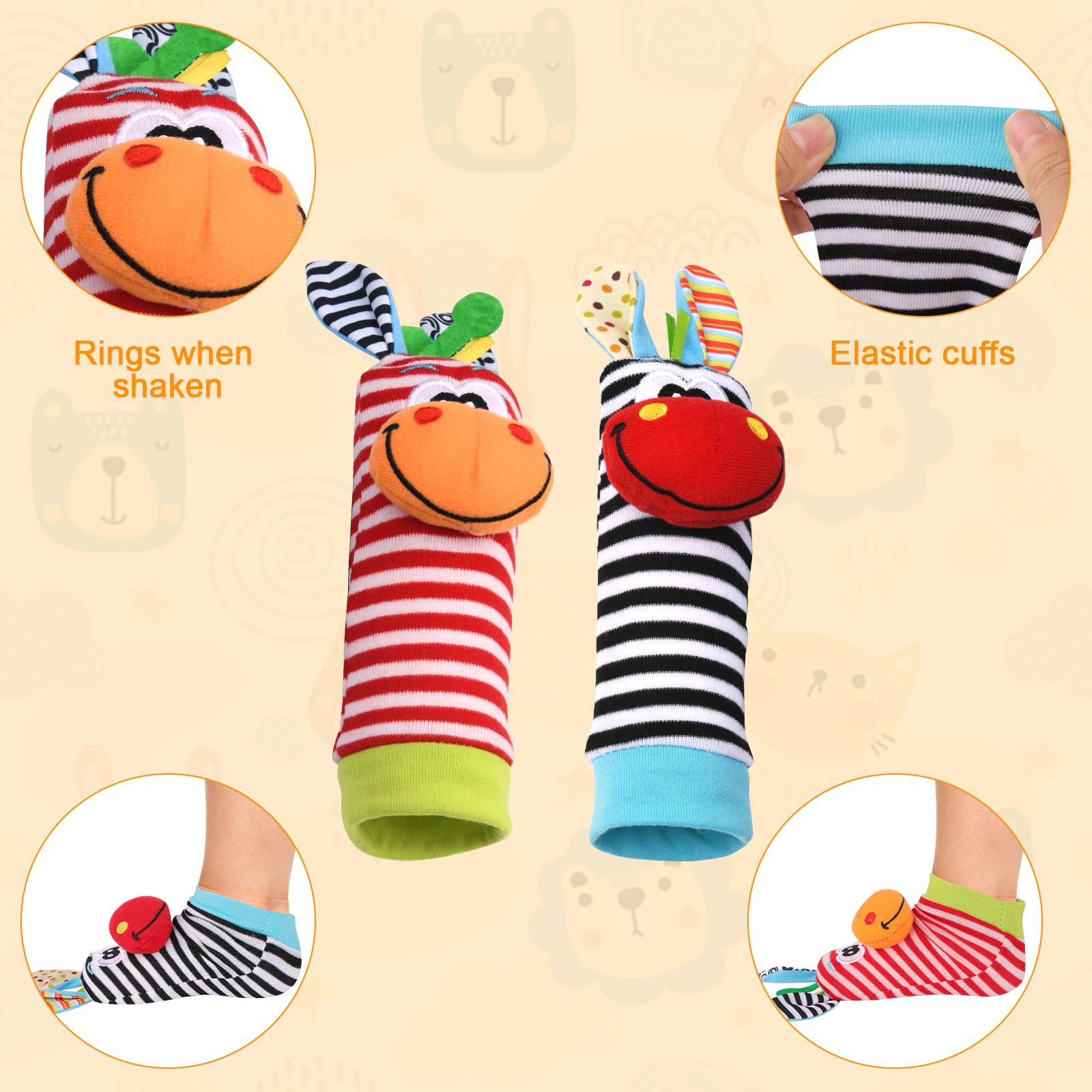 Vicloon Baby Rattle, 4 Pack Neonato Sonagli Calzini da Polso a Sonaglio per Bambini, Sonagli sensoriali, Giocattoli Soffici - 0-6 Mesi