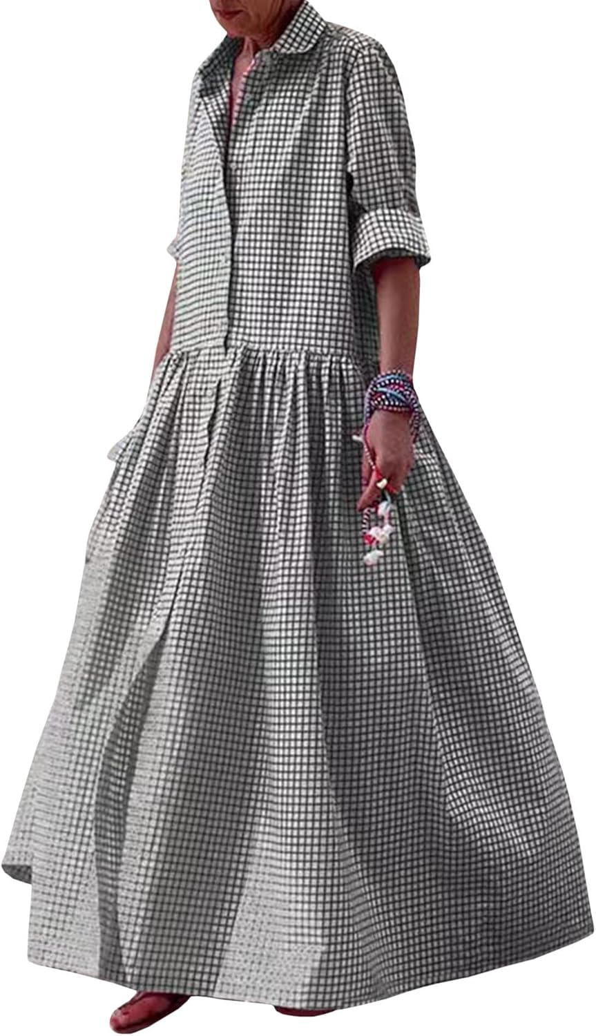 SOMTHRON Women's Retro Plaid Button Down Maxi Shirt Dress Roll Up Long Sleeve Gingham Pleated Swing Long Dress