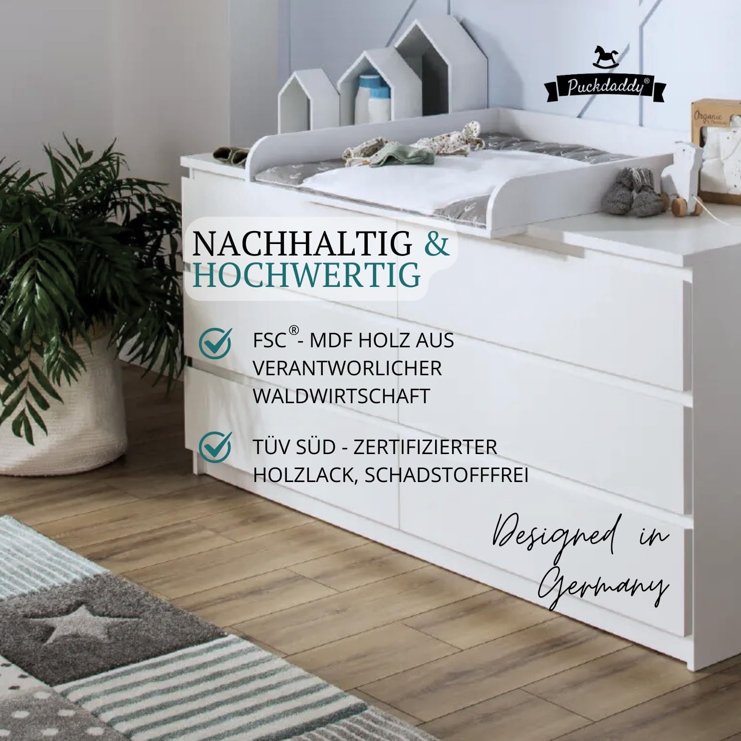 Puckdaddy® Moritz | Wickelaufsatz für IKEA Malm Kommode u.Ä. | weiß | 80x78x10 cm | Wickelauflage aus MDF-Holz | hochwertiger Premium Aufsatz als Wickelkommode | inkl. Montagematerial zur Wandmontage