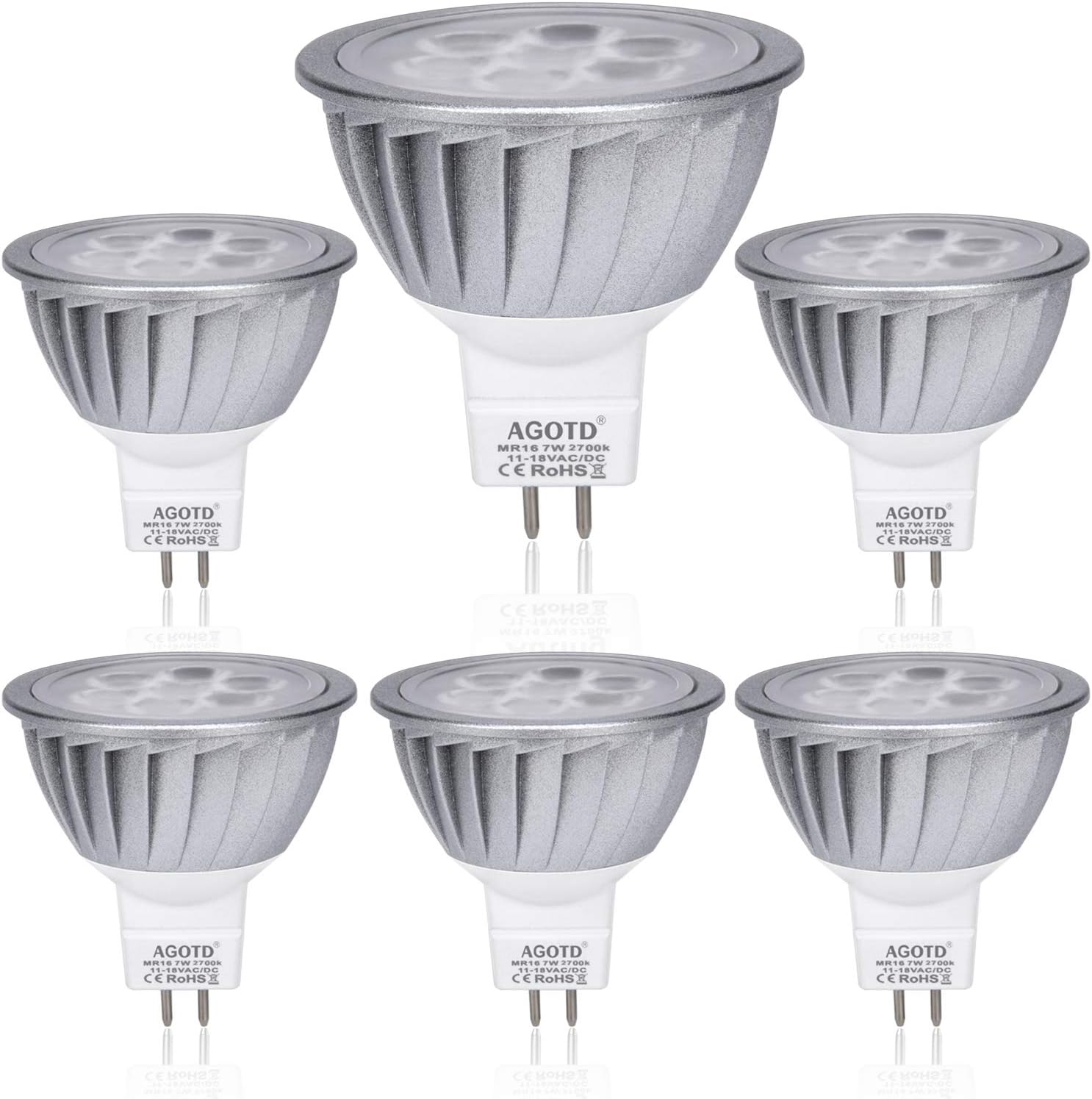 AGOTD MR16 LED Bulbs 12V 7 W, 50 Watts Halogen Lamp Equiv, GU5.3 Base, 560LM, 38°Deg,Warm White 2700K, Pack of 6
