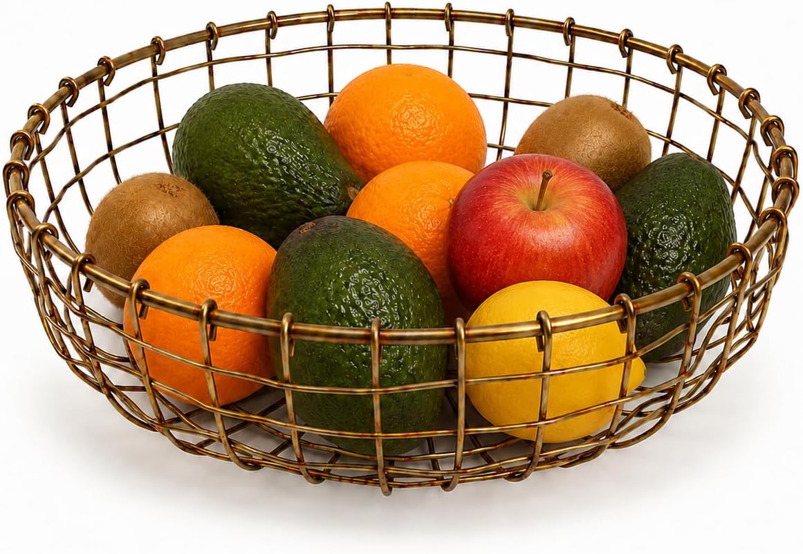 Wire Fruit Basket for Kitchen Counter, 10.2 Inch Rustic Metal Fruit Bowl