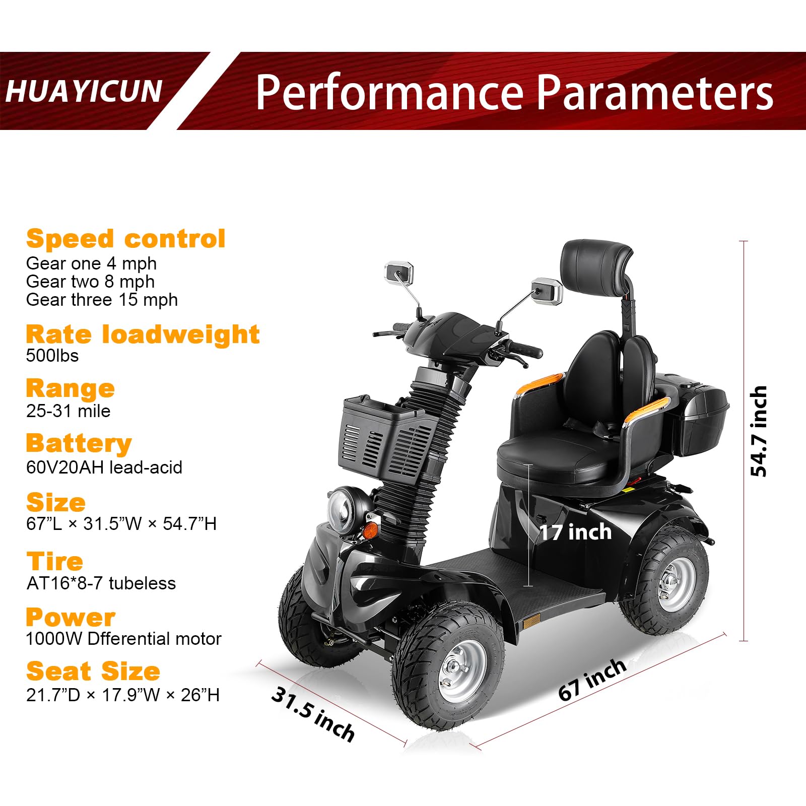 Heavy Duty Mobility Scooters for Seniors, 4 Wheel Mobility Scooters for Old People, Easy to Install and Drive for Elderly (Black)