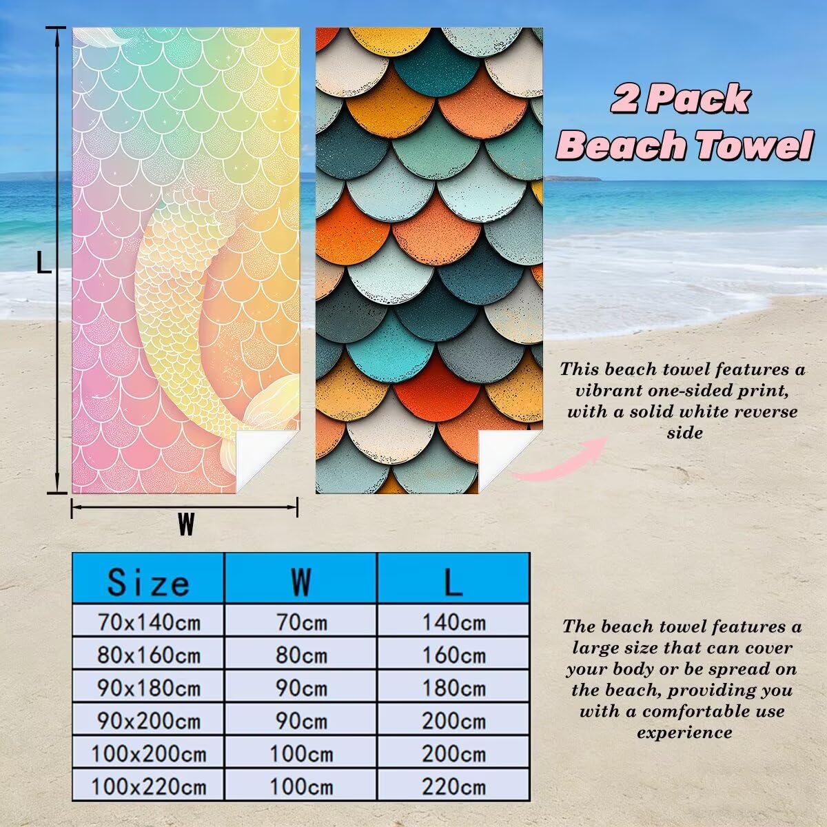 Ręcznik plażowy XXL, 80 x 160 cm, zestaw 2 sztuk, bez piasku, ręcznik plażowy, szybkoschnący, sportowy ręcznik do studia fitness, ręcznik do sauny, duży ręcznik plażowy na plażę (syrena) -4096