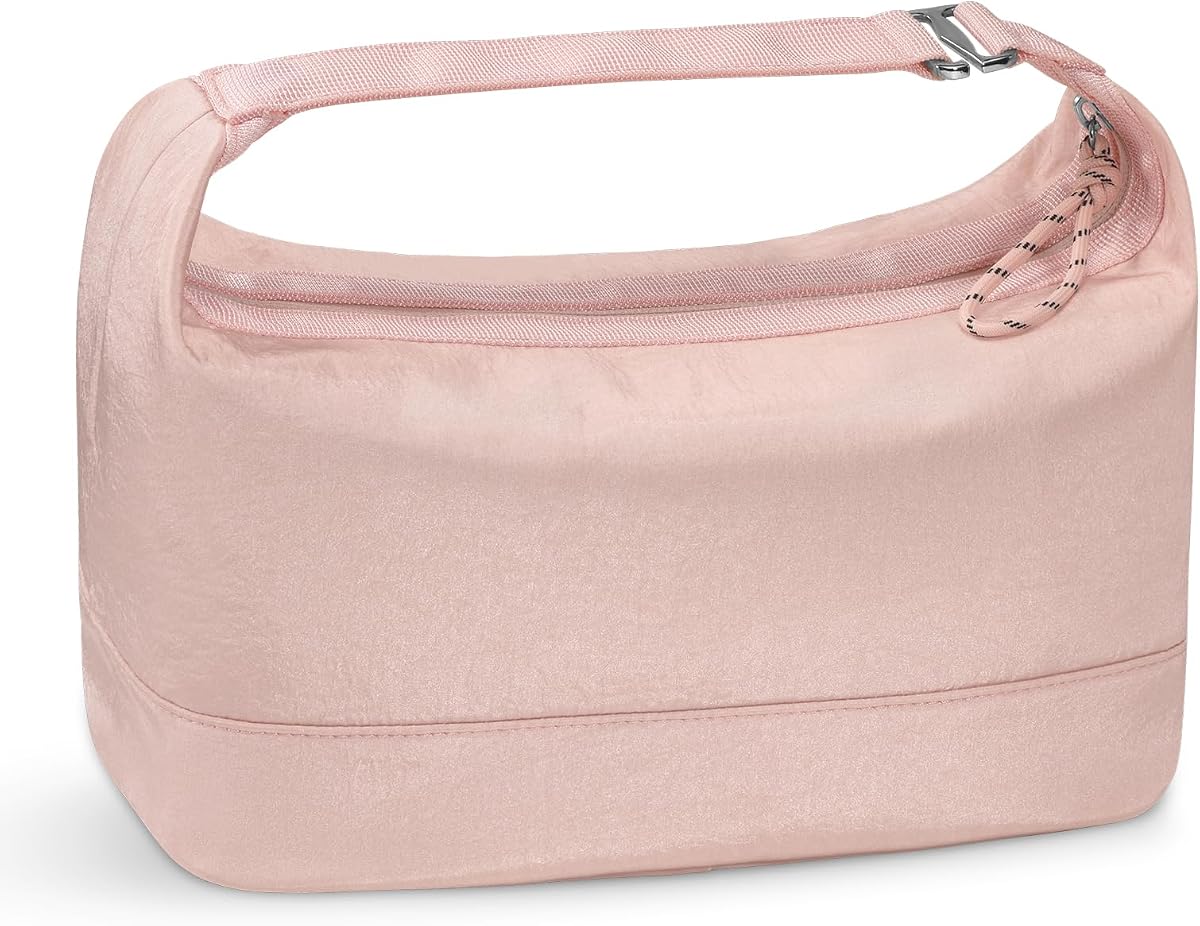 Makeup Bag Travel Toiletry Bag Cosmetic Bag for Women, Pink | Large Handheld Wide-Open Soft Nylon Pouch, Portable Organizer for Skincare, Daily Essentials, Short Trips, and Vanity Storage
