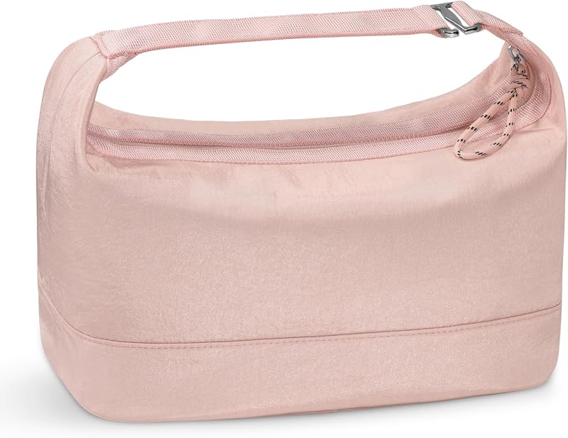 Necessaire de maquiagem HauteHues rosa com abertura ampla e bolso para acessórios