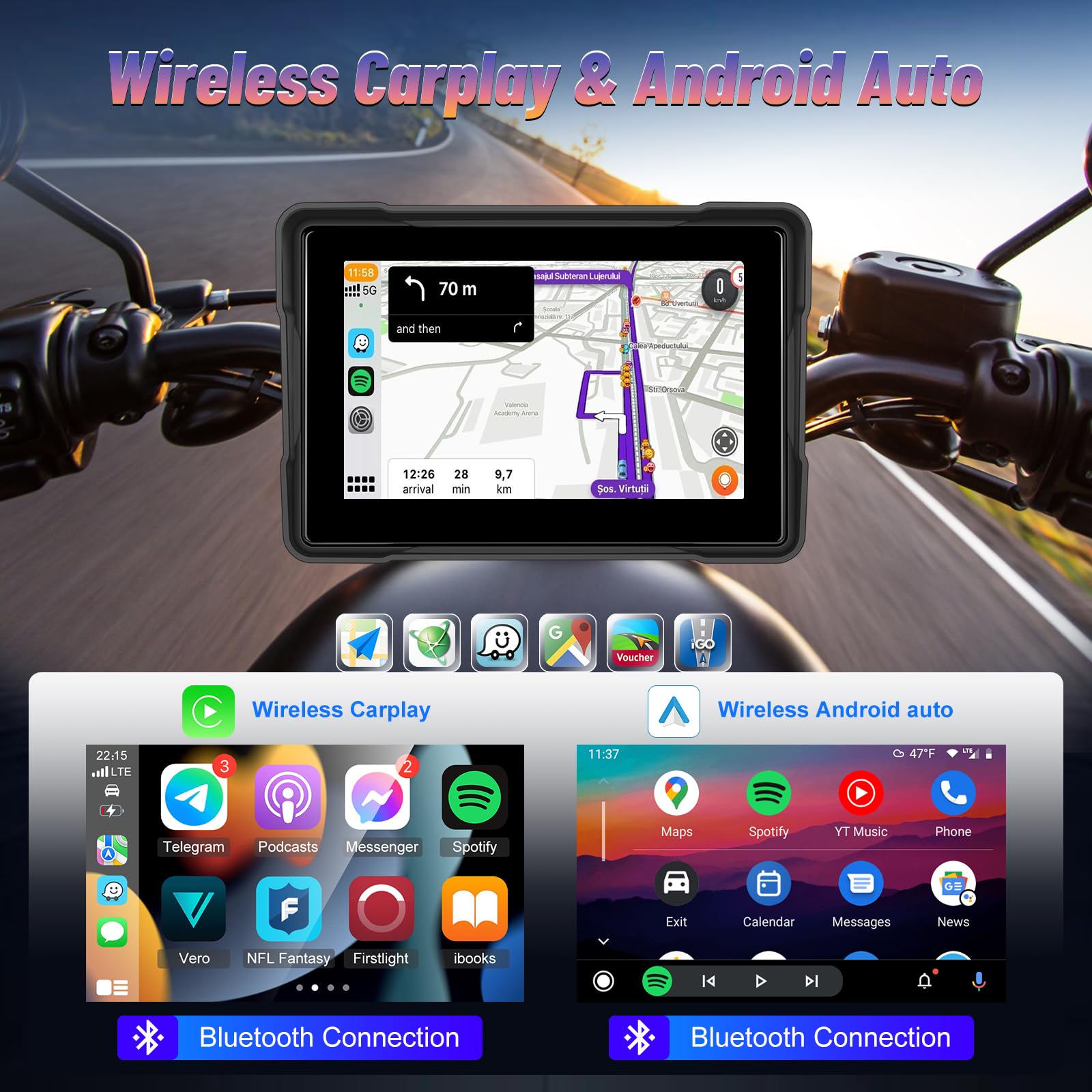 Schermo CarPlay Portatile 5" IP67 Android Auto Touch Screen Impermeabile Doppio Bluetooth GPS