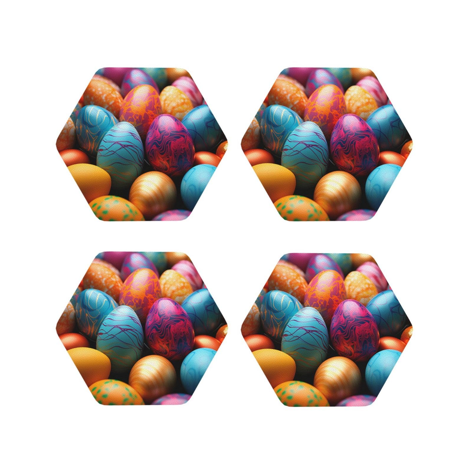 4Pcs PU Leather Coaster for Drinks, Easter Day Colorful Eggs Cup Coastersr 4" Cup Mat Pad, Aesthetic Drink Coasters for Coffee Table, Hexagon Coaster for Tabletop Protection