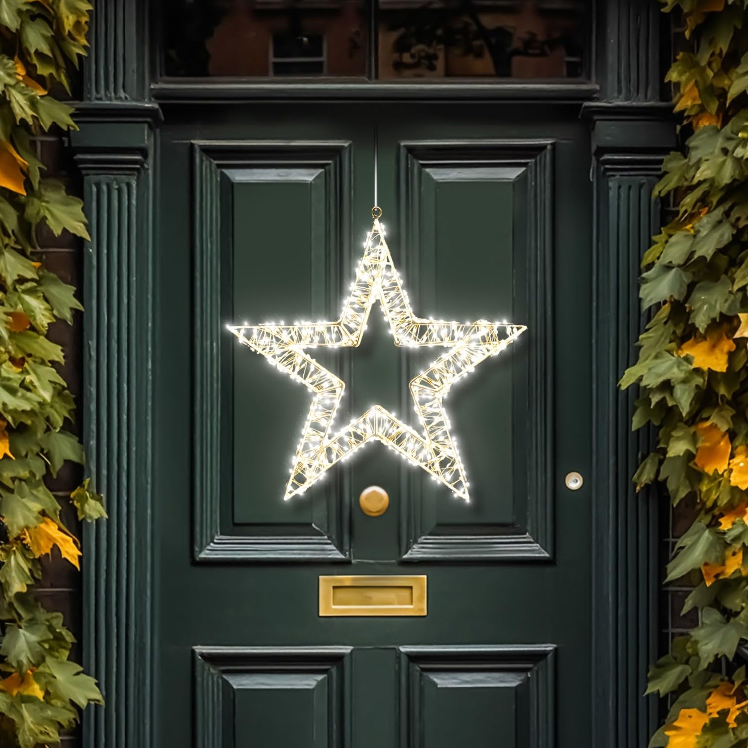 Mysmartbuy.com Warm White Pre Lit Led Wreath Heart Star - Led Christmas Decoration With 5M Lead Cable, Timer Function & Hanging Points - Indoor & Outdoor Festive Lighting (50Cm Star Wreath)
