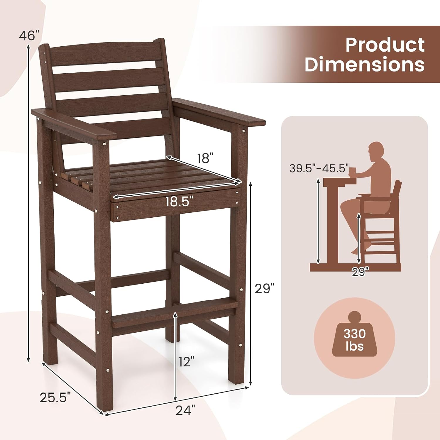 Giantex 29” Bar Stools Set of 4, HDPE Barstools w/Back, Armrests & Footrests, Max Load 330Lbs, Counter Height Bar Stools, Adirondack Chair for Patio Balcony Outdoor Bistro Set, Brown