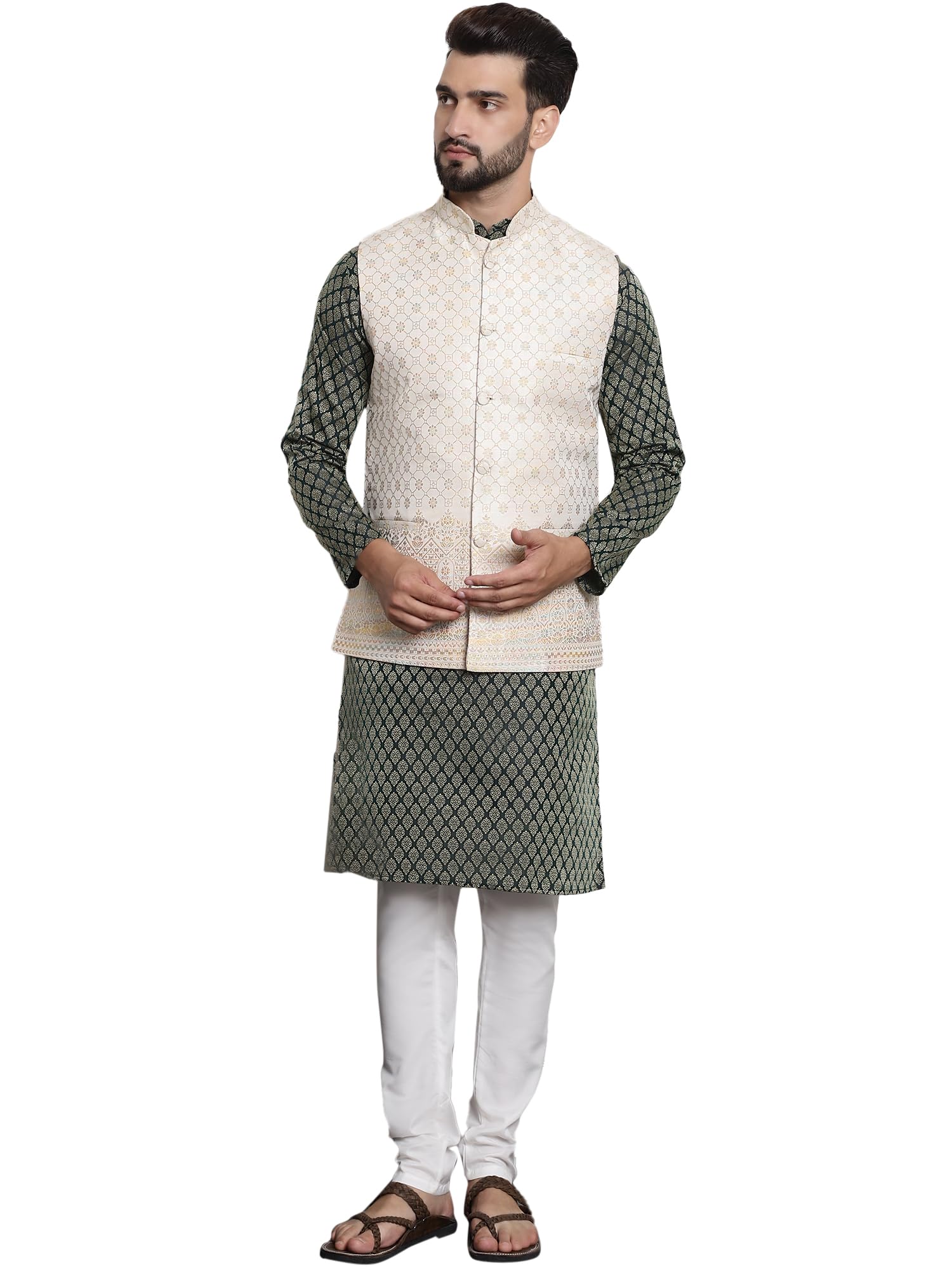 Sojanya (Since 1958 Men's Jacquard Silk Dgreen Kurta And Off-White Pyjama With Cream Nehru Jacket