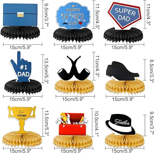 Miniatura 2 de HOWAF Centros de mesa de panal para el día del padre, 9 piezas de decoración de mesa de papel negro dorado para el día del padre, suministros de