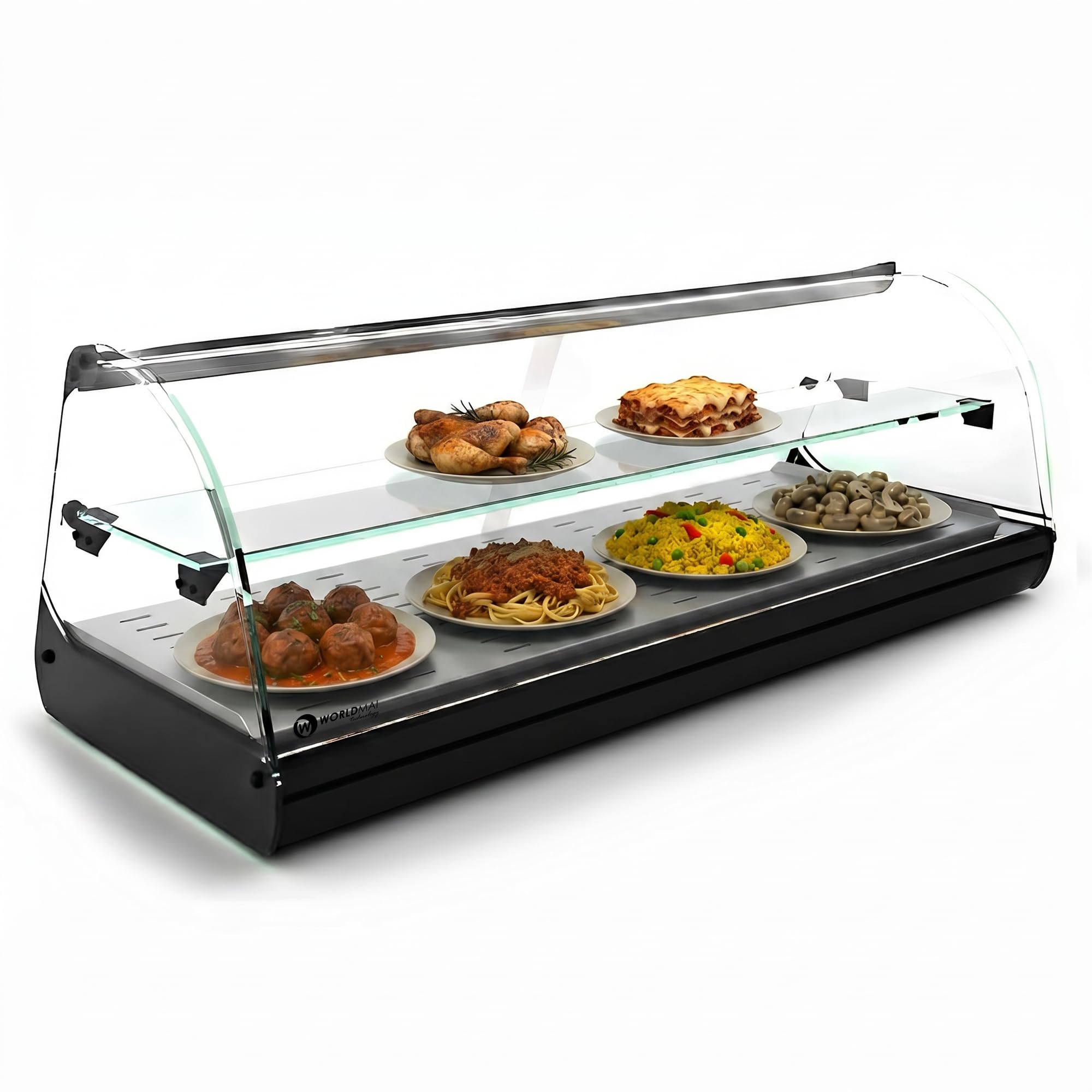 Vetrina riscaldata per tapas WORLDMAI x SAYL, 119 x 39 cm, 2 livelli e vasca piana per ristorazione. Espositore da banco a calore secco, senza LED.