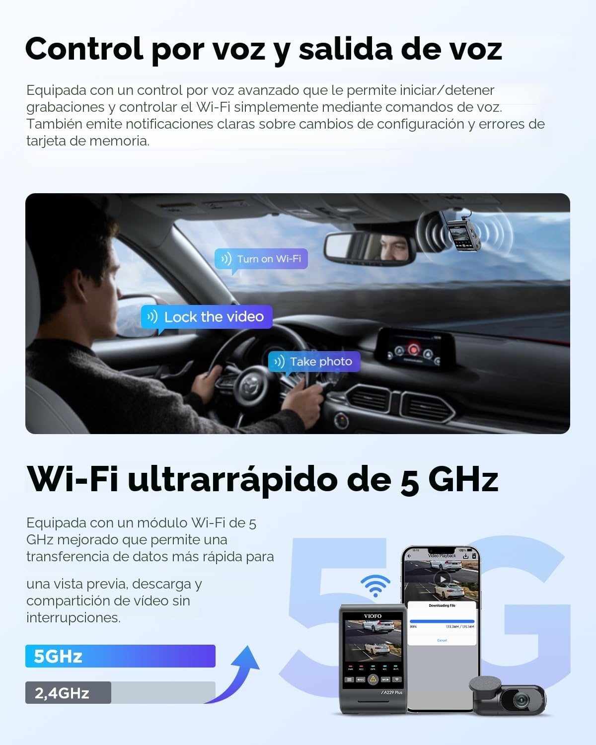 VIOFO A229 Plus 2K + 2K Dual STARVIS 2, cámara de salpicadero delantera y trasera HDR, control por voz y cámara de auto WiFi de 5 GHz, GPS ultra preciso, visión nocturna excelente 2.0