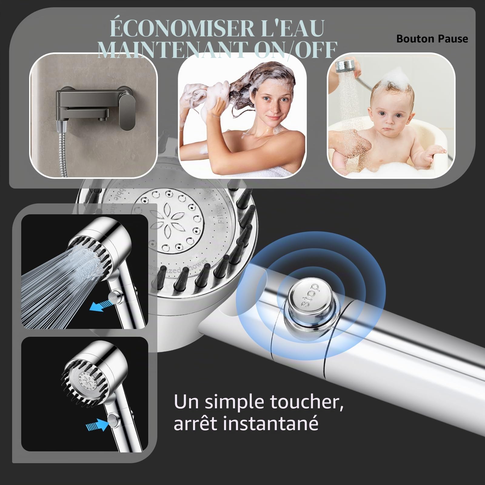 Pommeau de Douche Anti Calcaire avec 15 Étapes Filtre et Tuyau 2M Pomme de Douche Économie D'eau Haute Pression Douchette Douche Salle de Bain Filtrant avec 3+1 Types de Jets et Bouton D'arrêt(Argent)