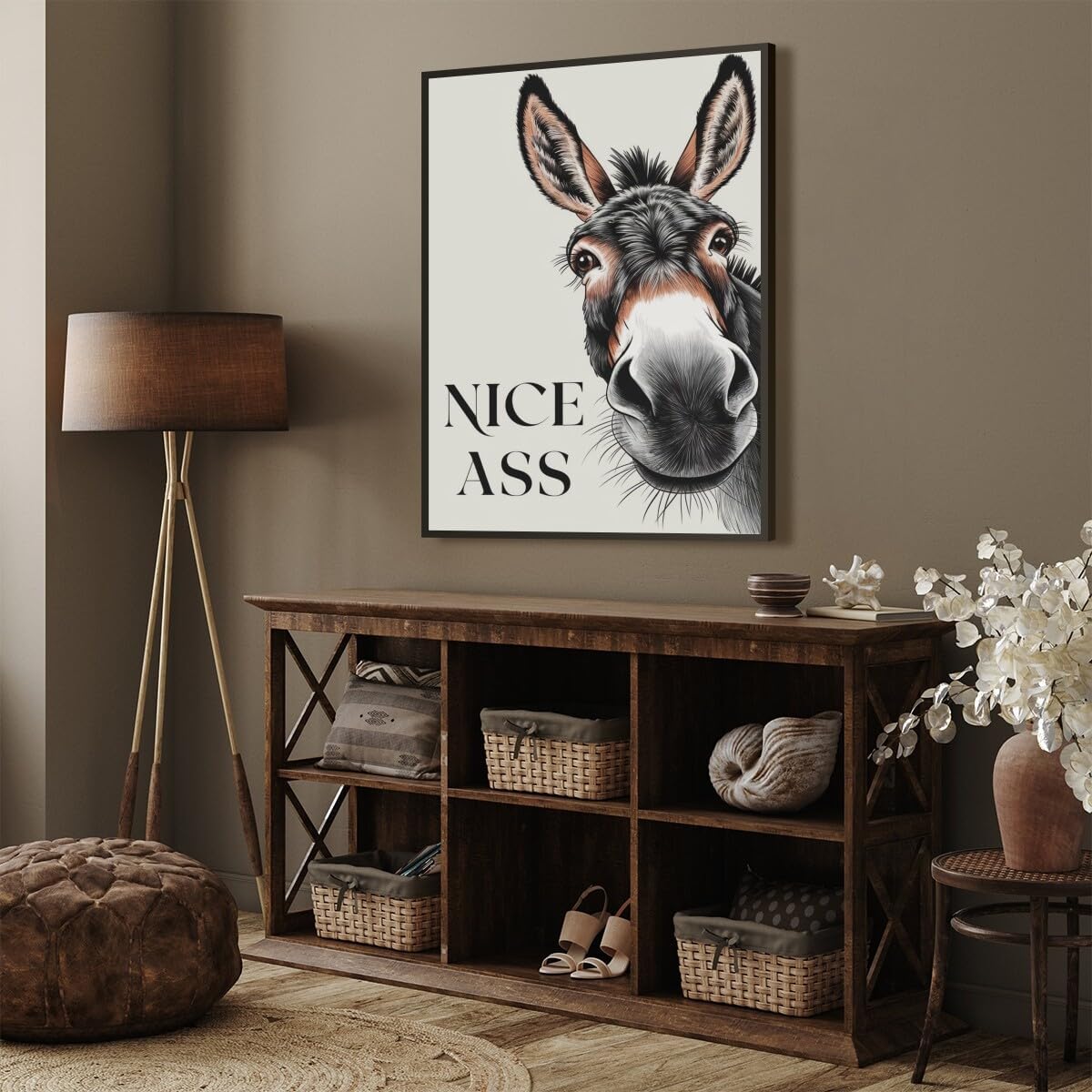 Funny Bathroom Wall Decor Animal NICE ASS Bathroom Sign Canvas Print Donkey Humor Painting Minimalism Cute Wall Art Gift for Toilet Bathroom 24x36inch black framed