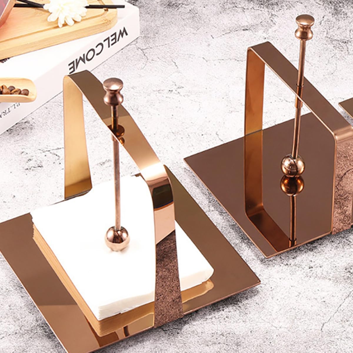 Rose Gold Stainless Steel Napkin Holder Stand, Small Vertical Tissue Dispenser for Home, Hotel, and Restaurant Desktop Organizer
