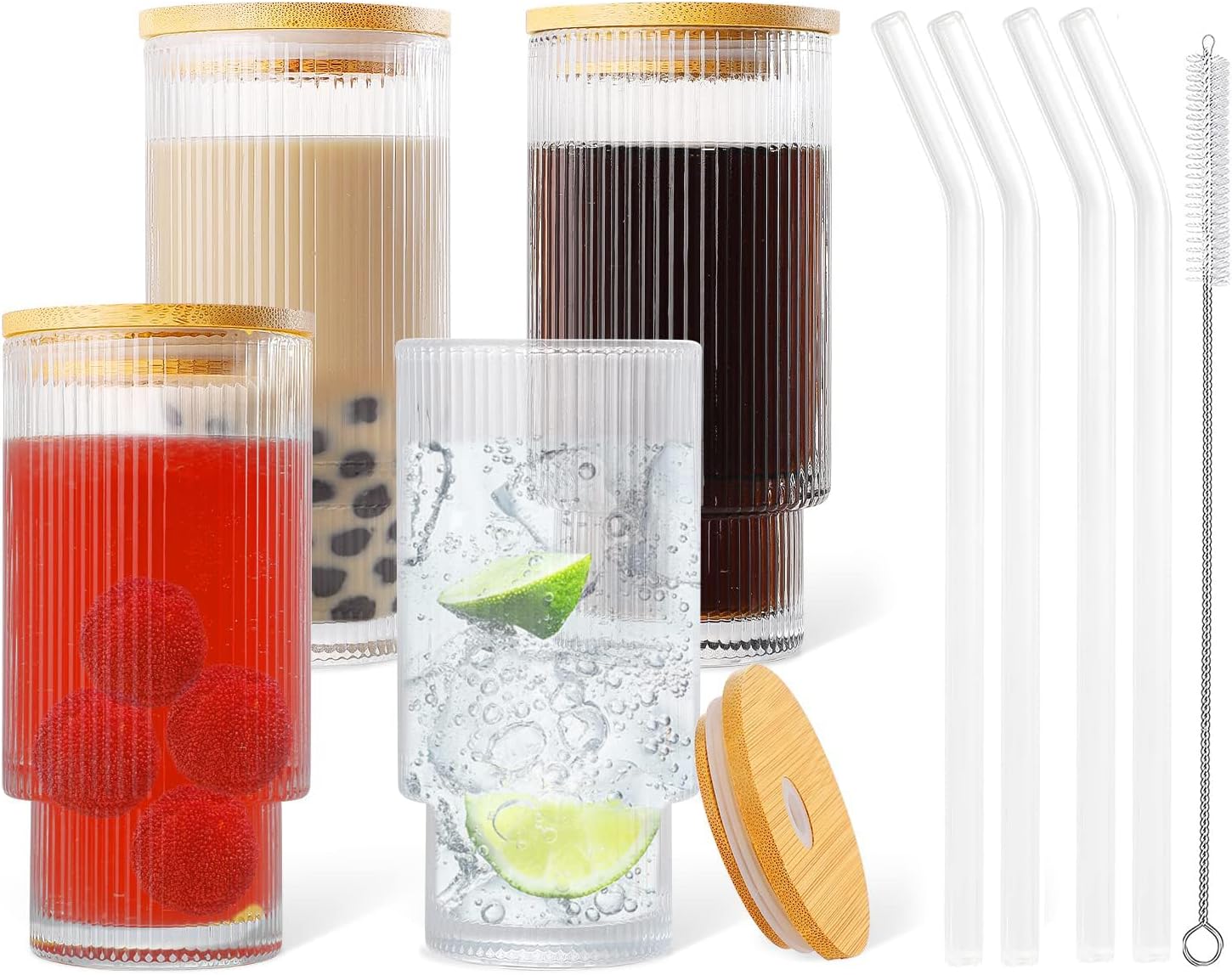 LENDIS Set of 4 Ribbed Glasses with Bamboo Lids and Glass Straws, Fluted Vintage Rippled Clear Glassware, Origami Drinking Glasses for Juice, Beer, Iced Coffee, Tea and Cocktails (12 oz)