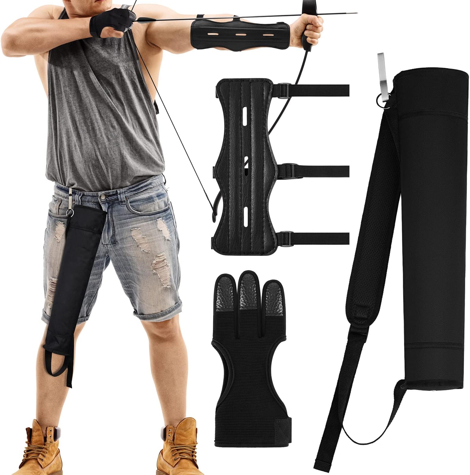 3 Pcs Archery Accessories Including Protective Archery Arm Guard Leather Padded Three Finger Archery Gloves Back Arrow Quiver Hip Arrows Bag for Men Women Youth Adults Beginners Hunting Shooting