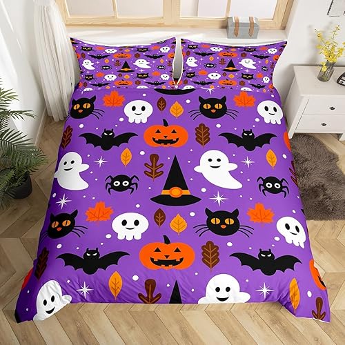Funda de edredón de Halloween, murciélagos, decoración de Halloween, tela de araña fantasma, juego de ropa de cama gótica, funda de edredón de gato