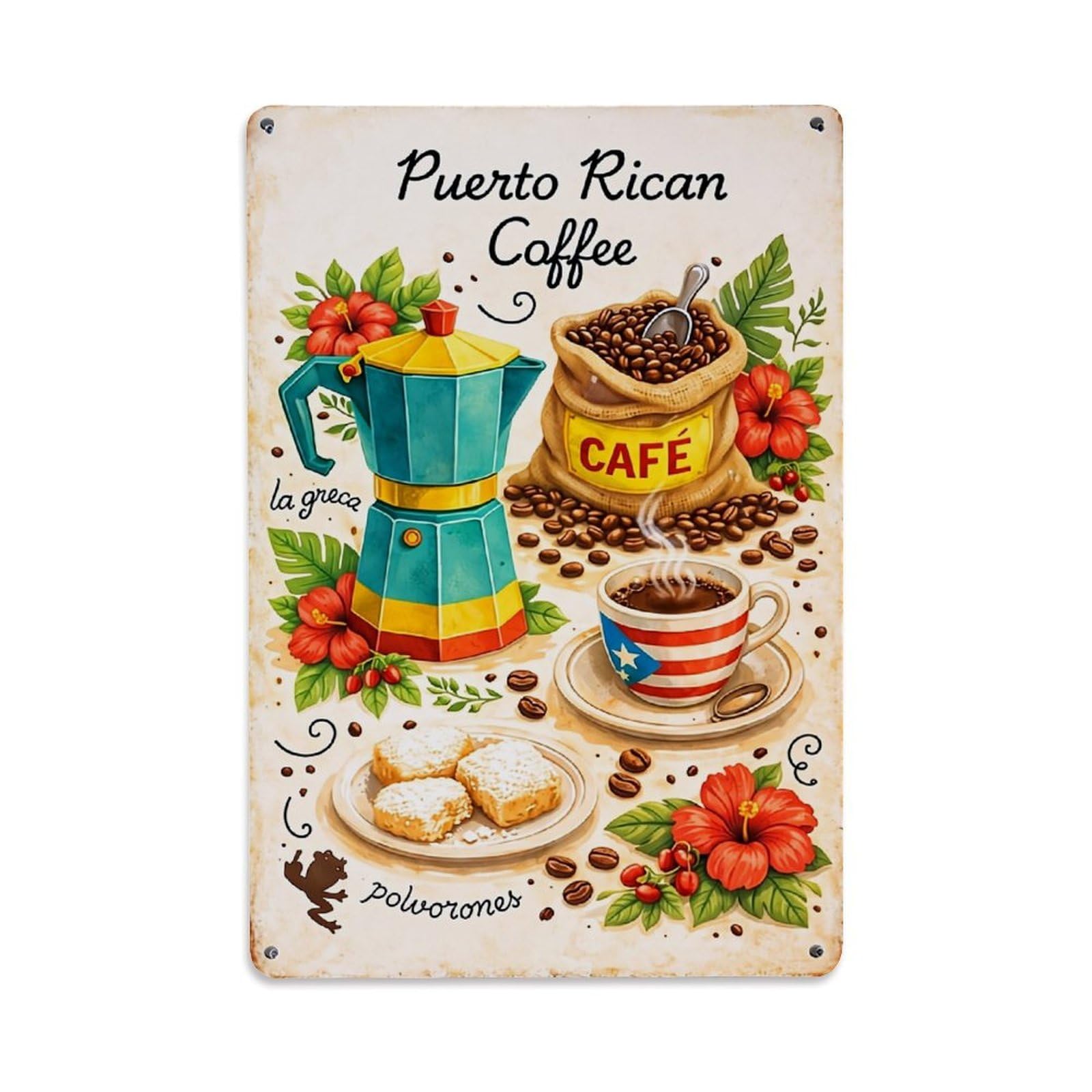 Jdfenggu Vintage Puerto Rican Coffee Art Print Retro Metal Tin Sign, Decor Art Poster For Bar, Home, Man Cave, Kitchen, Laundry Room Gift 8X12inch