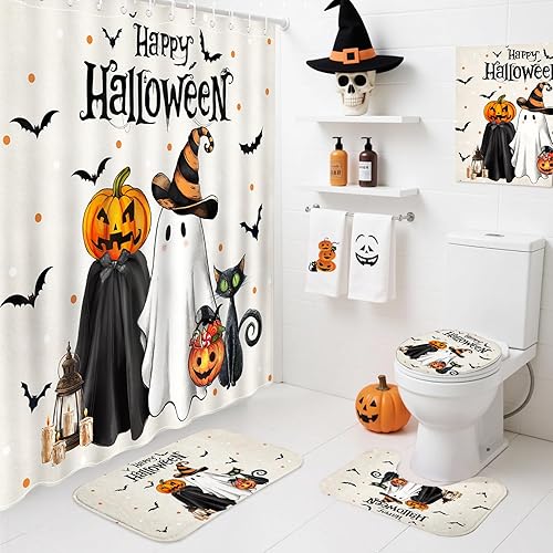 Mocsicka Juego de cortinas de ducha de Halloween para baño, 4 piezas, fantasma, gato, calabaza, juegos de baño con alfombras antideslizantes,