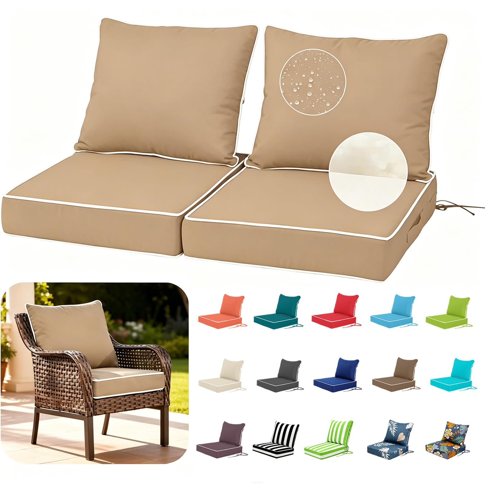 Outdoor Cushion for Garden Furniture, Water-Repellent Chair Cushion, Set of 2, Chair Cushions with Ties and for Indoor and Outdoor Use, Chair Cushion, Patio Chair Seat Cushion (Khaki, 48 x 48 x 10 cm โ image 1