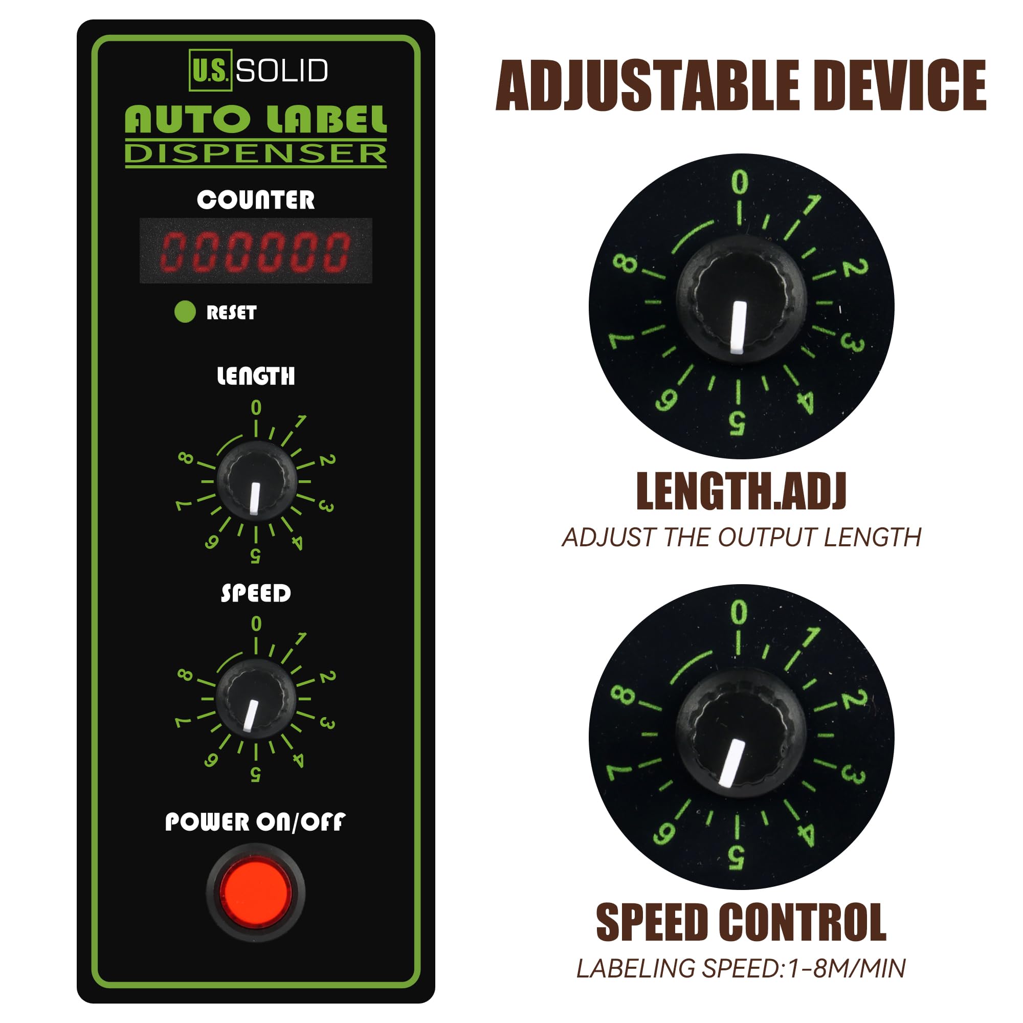 U.S. Solid Distributore automatico di etichette con contatore (0–999999) – Larghezza 4–140 mm, lunghezza 3–150 mm, velocità regolabile