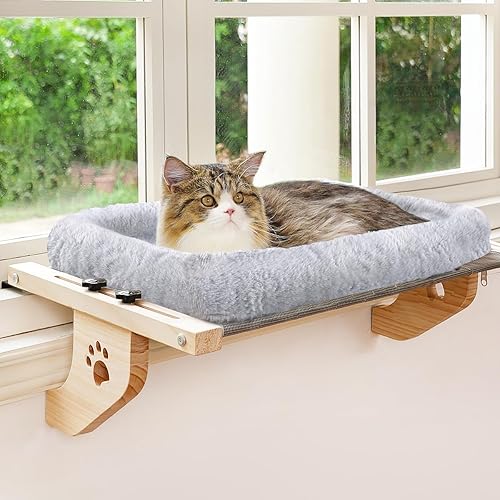Miniatura 9 de AMOSIJOY Asiento resistente para ventana de gato con funda de cama, marco de madera y metal para gatos grandes, cama para gatos grandes fácil de