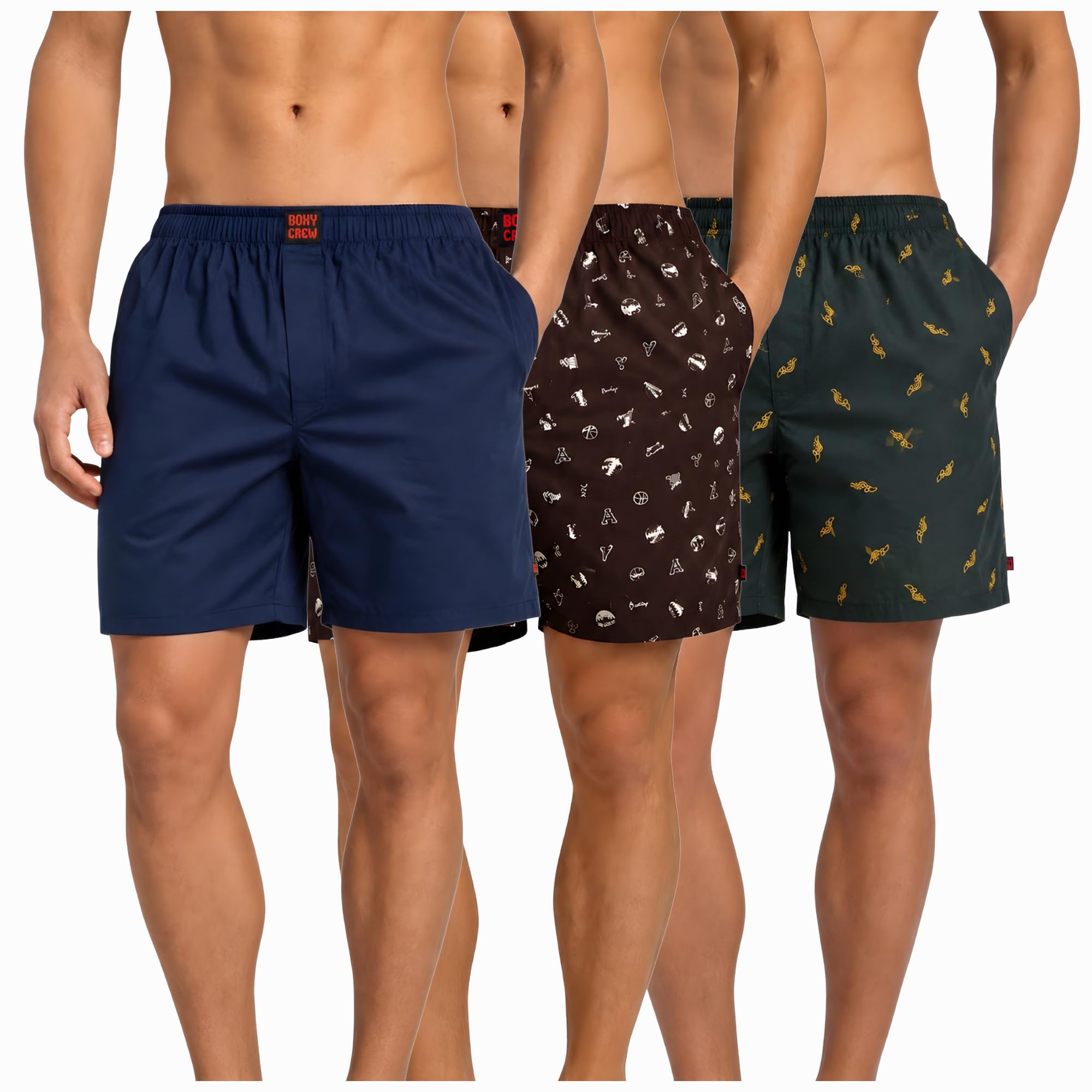 Men's 100% Cotton Boxer Shorts Pack of 3, Navy Blue, Brown & Dark Teal | Woven Boxers with Side Pockets, No-Marks Elastic Waistband, Breathable Relaxed Fit | Style 002-005-010-picture-12