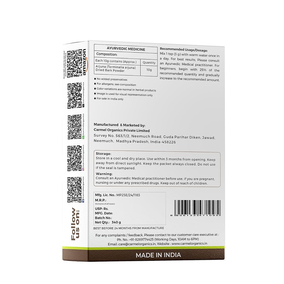CARMEL ORGANICS Arjuna Bark Powder Supports Healthy Heart Functions | Natural |