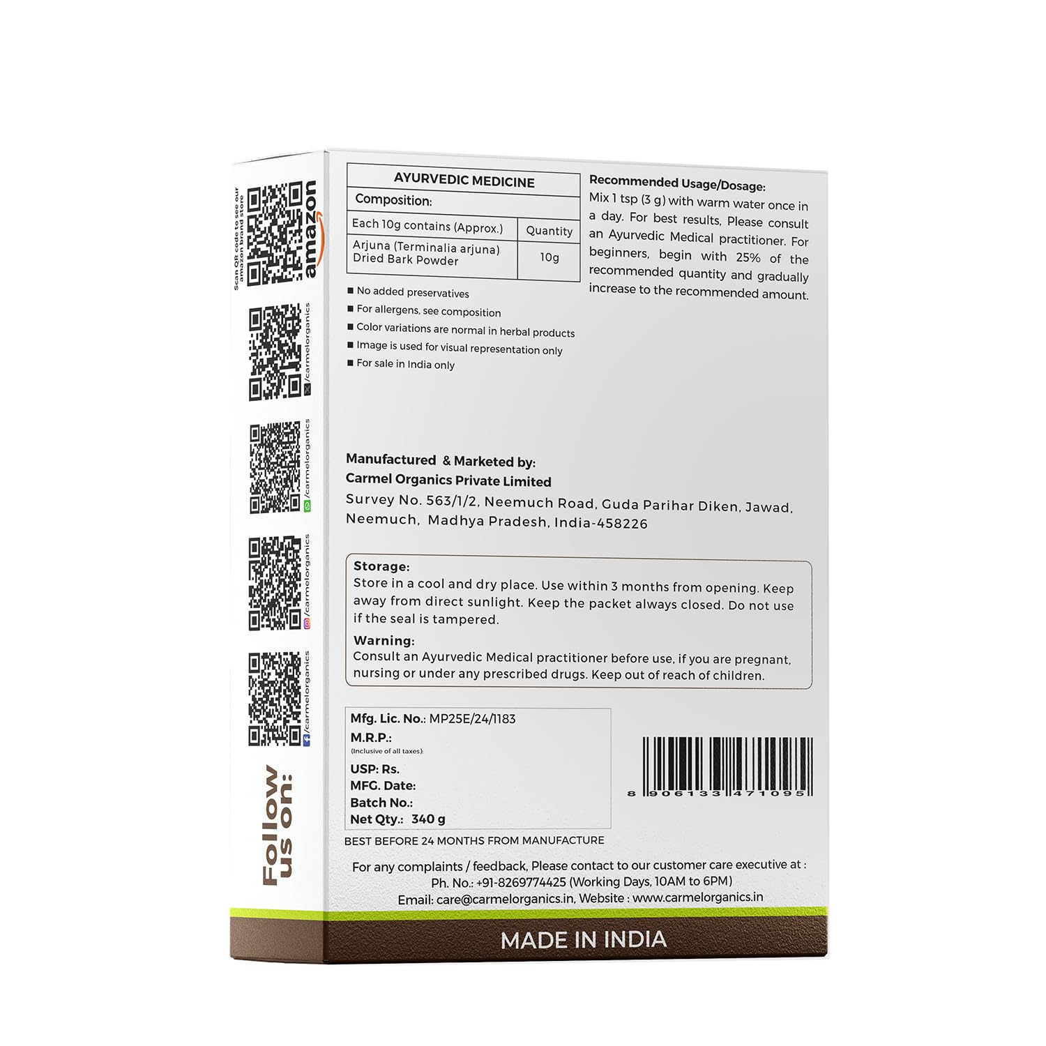 CARMEL ORGANICS Arjuna Bark Powder Supports Healthy Heart Functions | Natural | Erra Maddi | No Added Preservatives | Terminalia Arjuna | Non-GMO