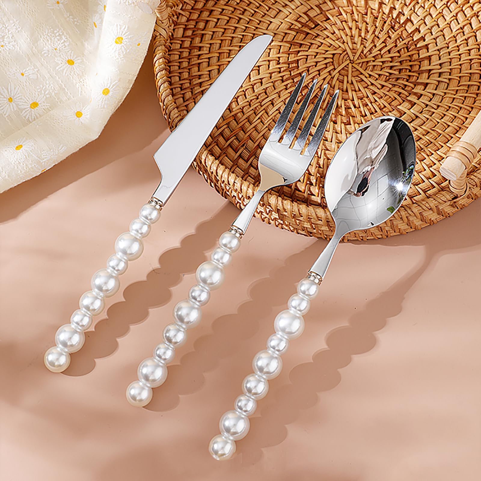 Genérico Juego De Cubiertos De 48 Piezas, Cubiertos De Acero Inoxidable 18/10, Cubiertos con Mango De Perla, Cubiertos Aptos para Lavavajillas, Cubiertos Multiusos para Banquetes