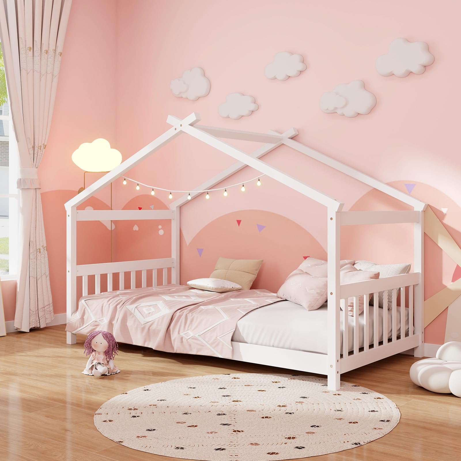 Giantex Twin Bed Frame, Single Bed, Kids Low House Bed with Roof ...