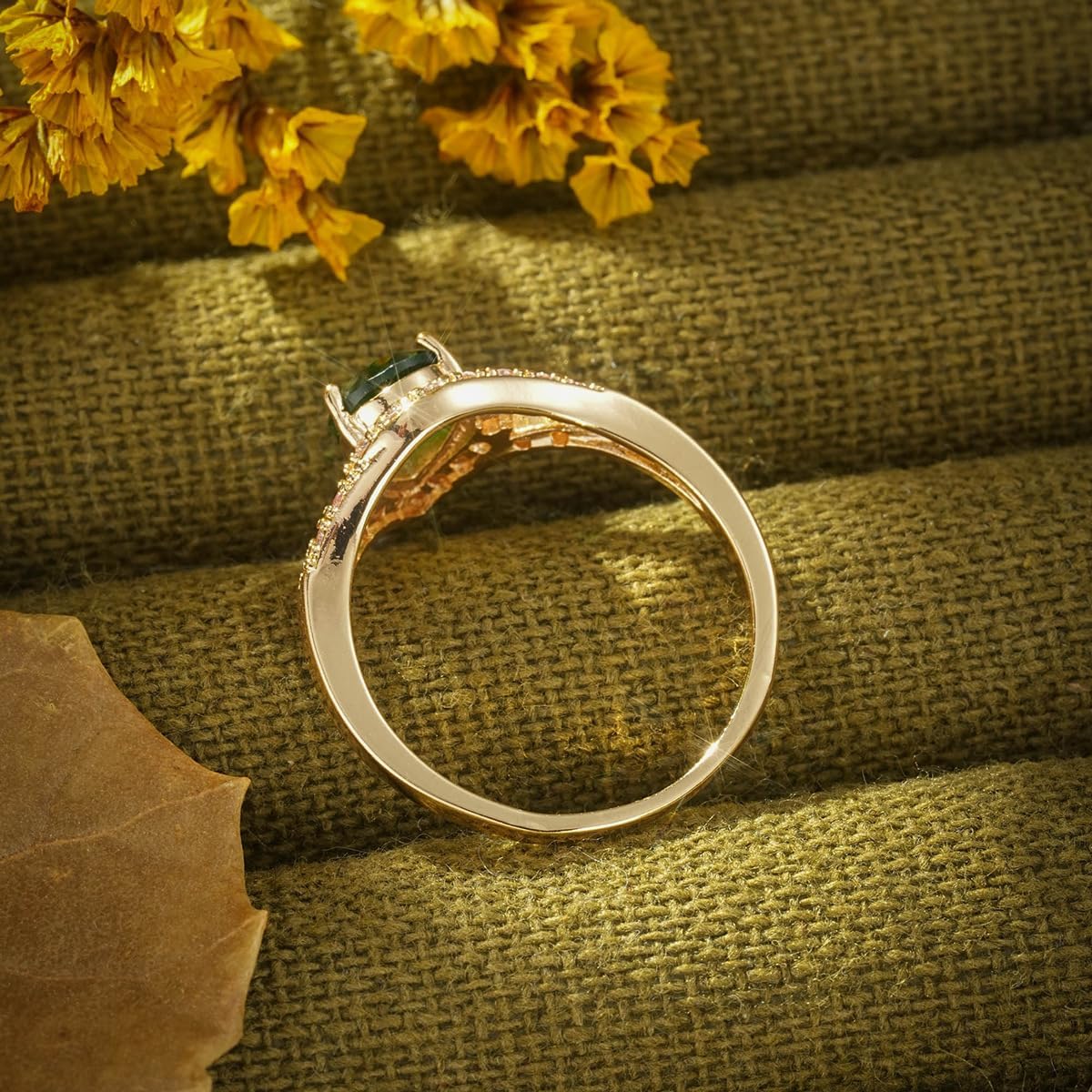 Plated Gold Teardrop Simulated Emerald Cubic Zirconia Halo Ring for Women Pear Shape Green Gemstones Wedding Engagement Promise Ring Finger Jewelry Size 6-10 - Image 5