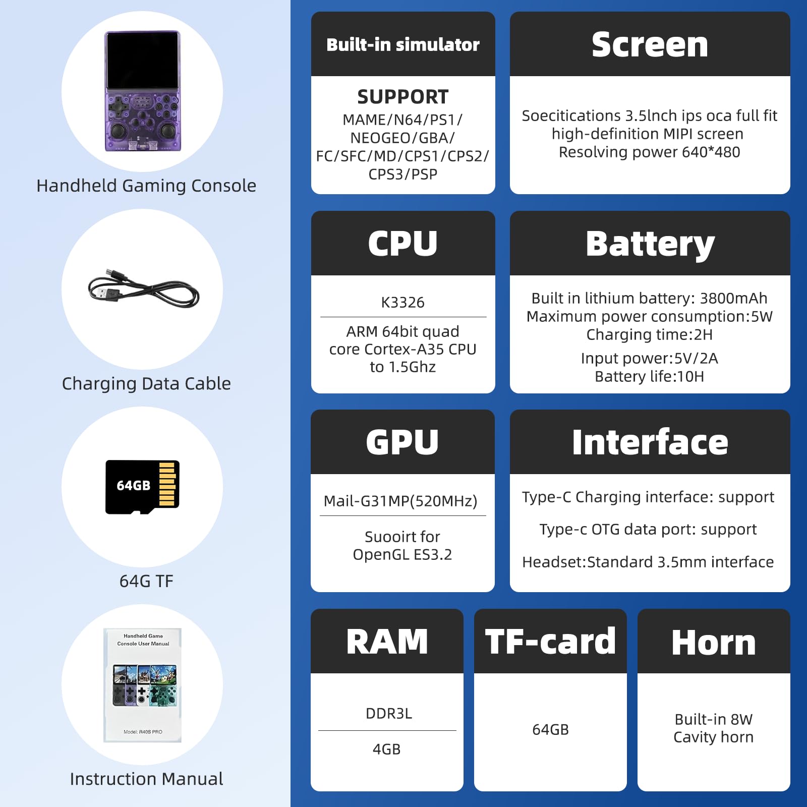 R36S Retro Handheld Games Console, 20,000+ Classic Games Portable Pocket Video Player with 3.5 Inch HD Screen, 64G TF Card, Open Source Linux System Screen for Teens and Adults (Purple 64G) — view 7