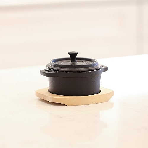 Miniatura 2 de Frieling Mini horno holandés de hierro fundido con interior esmaltado y salvamanteles de madera, 1 taza, negro