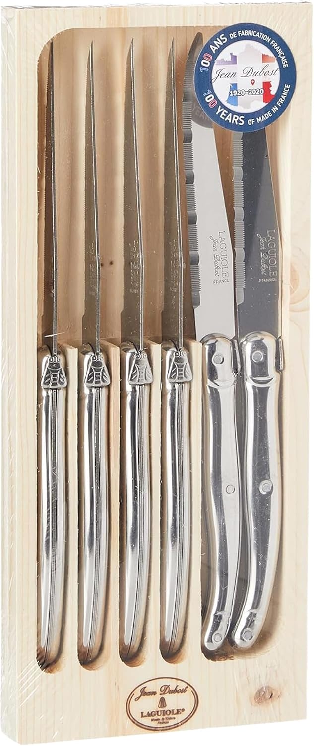 Jean Dubost Laguiole 6-Piece Steak Knife Set, Stainless Steel Handles - 2.5 mm Blades - Rust-Resistant Stainless Steel - Includes Wooden Tray - Made in France