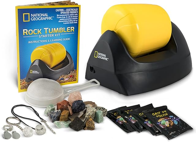 National Geographic Rock Tumbler Starter Set - Educational Rock Polishing Hobby Kit with Noise Reducing Drum, Gemstones & Grit, Jewellery Settings and Full Colour Information Guide Multicolor,37137