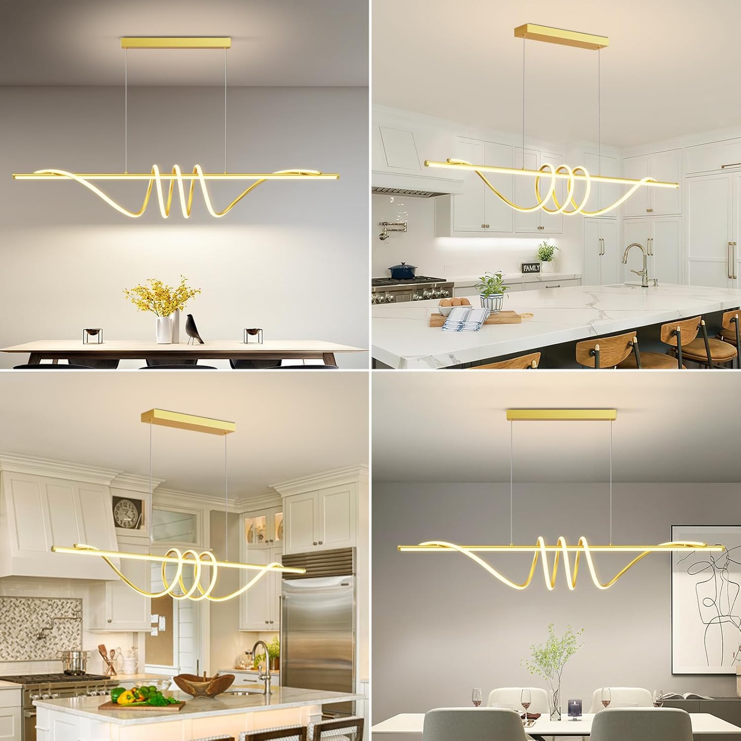Modern LED Pendant Lights Kitchen Island, 57in Gold Chandelier Dimmable with Remote Control 3000k-6000K Adjustable, Aluminum Island Lighting Lamp Fixture for Kitchen, Dining Room