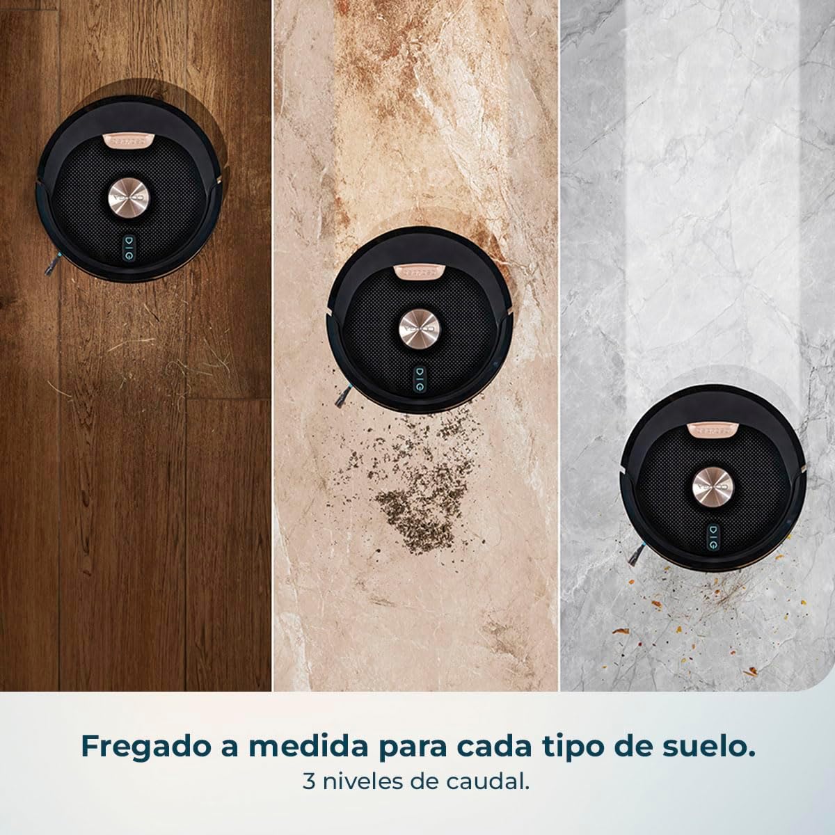 Cecotec robot vacuum mopping different floor types with adjustable water flow