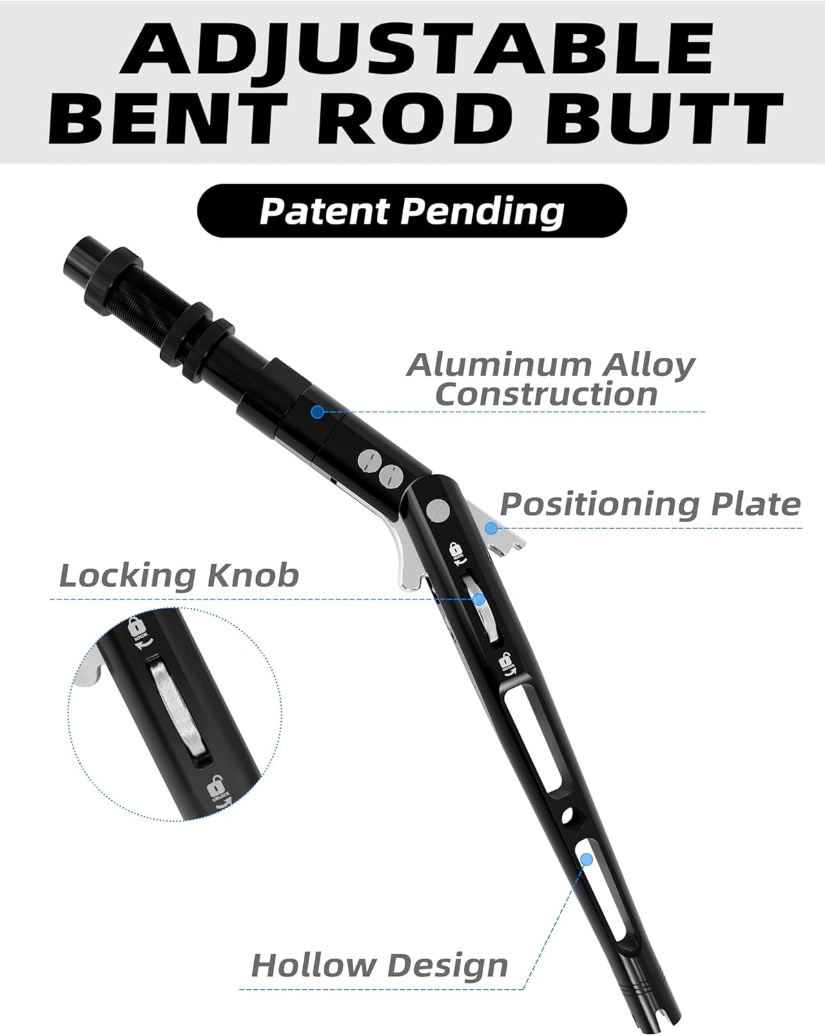 BLUEWING Adjustable Bent Rod Butt Heavy Duty Aluminum Alloy Rod Butt with Adjustable Angles at 0°, 30°, and 60° for Offshore Fishing