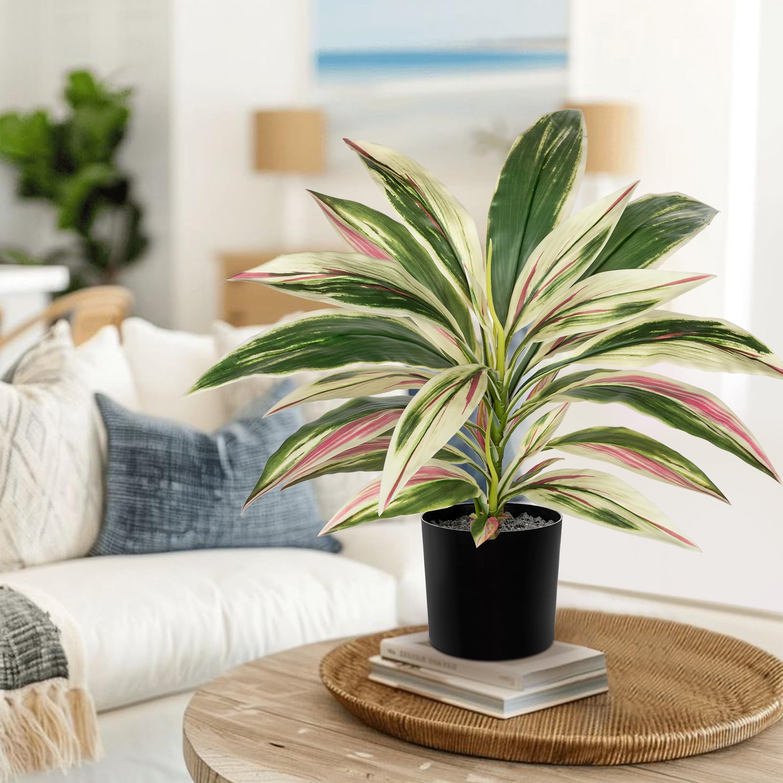 Oairse Pianta artificiale dracaena da 48 cm in vaso con vaso nero artificiale Dracaena piante tropicali artificiali per bagno, soggiorno, ufficio, scrivania, mensola, rosa