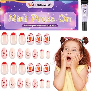 TOROKOM Kinder Kunstnägel mit Nagelkleber - 26 Stück Press-on Nägel für Kinder, Kurze Vollcover Kunstnägel für Mädchen zu Geburtstag, Party, Weihnachten (Nude & Rote French)