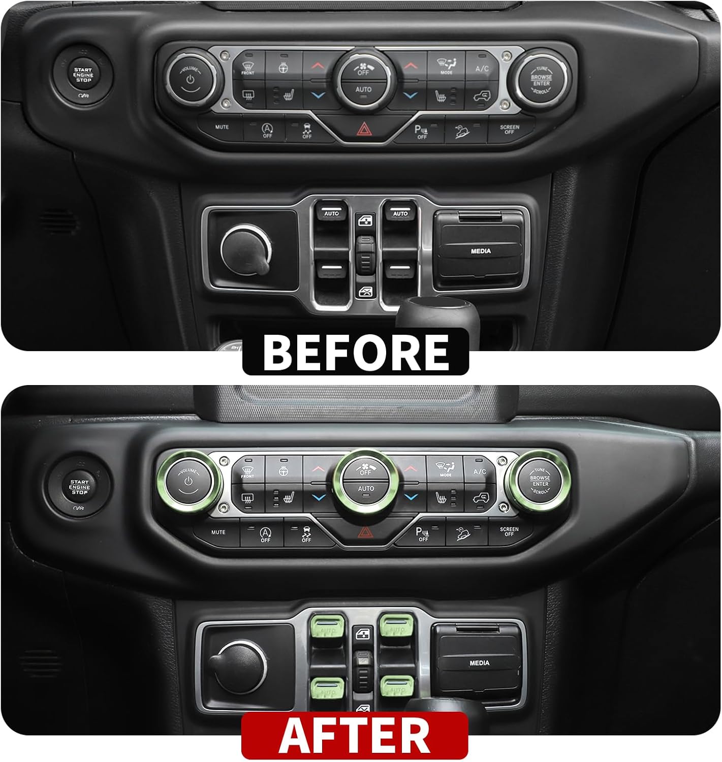 JeCar JL Switch Button Covers Window Control Air Conditioner Headlight Volume Radio Knob Trims Interior Accessories Compatible with Jeep Wrangler JL JLU 2018-2026 & Gladiator JT 2020-2026, Green